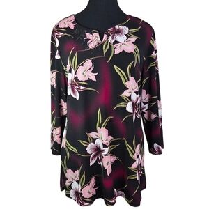 TanJay Black and Pink Floral Blouse With Sequins Size Med Petite